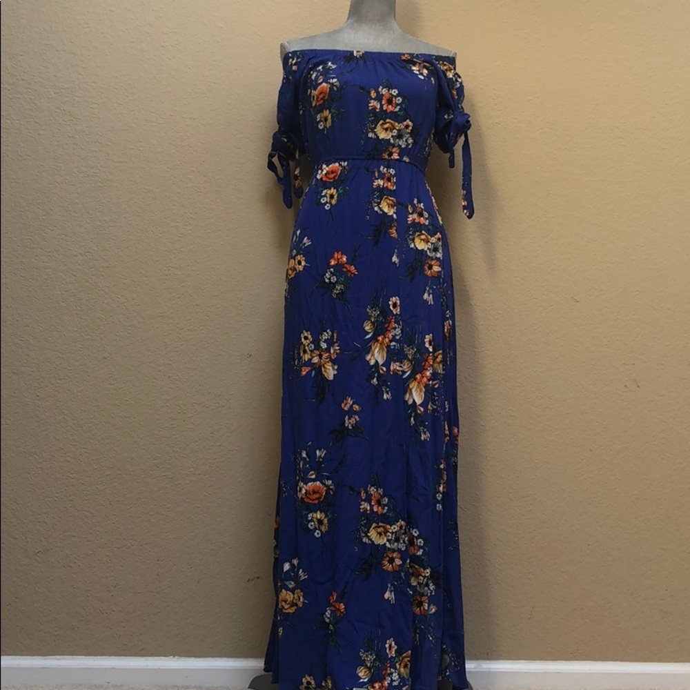 blue/floral off the shoulder summer dress.